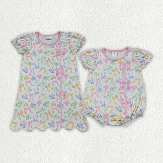 Colorful Bows Print Girls Summer Clothes Sibling Matching Wear