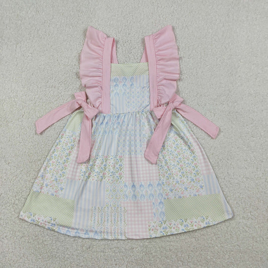 GSD3249 Small Flowers Plaid Print Girls Summer Ruffle Knee Length Dress