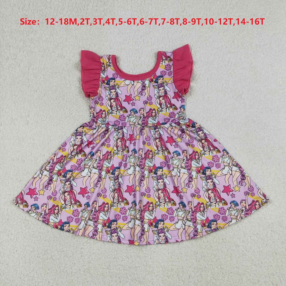 GSD3273 Girls Cartoon Demon Pink Flutter Sleeve Twirl Dress