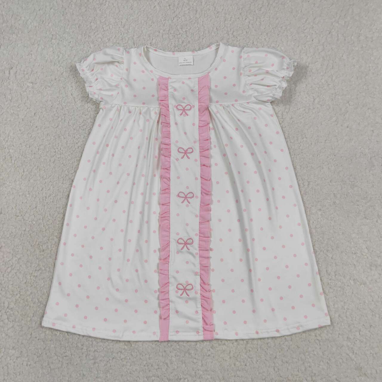 GSD3312 Bows Embroidery Pink Dots Girls Puff Sleeves Dress
