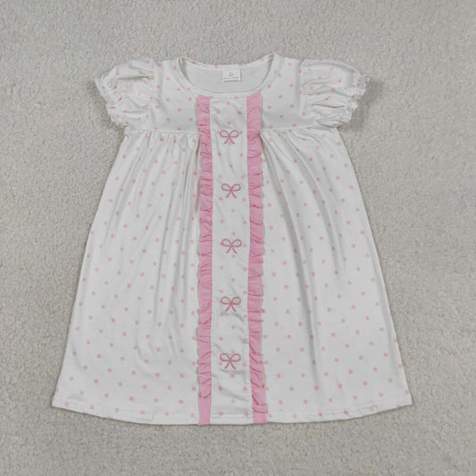 GSD3312 Bows Embroidery Pink Dots Girls Puff Sleeves Dress