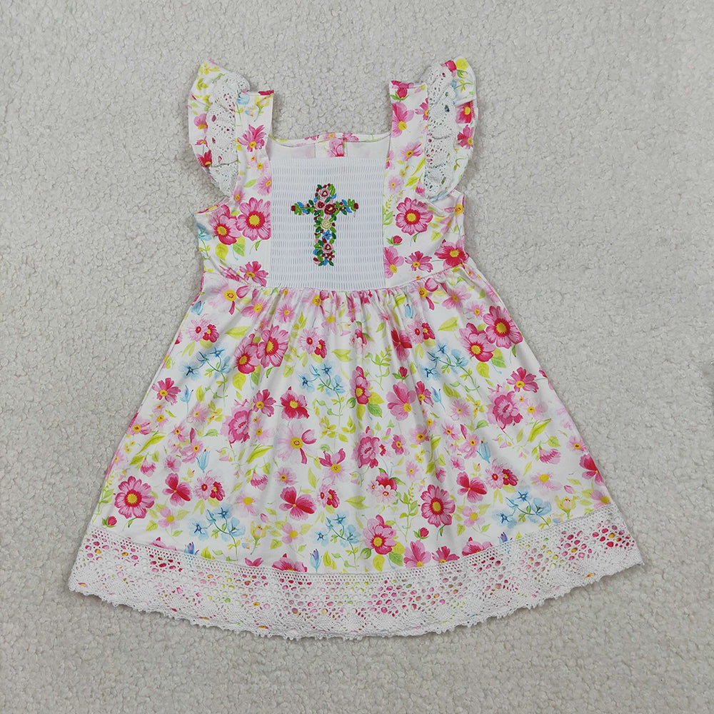 GSD3313 Girls’ Floral Cross Embroidery Lace Flutter Sleeve Smocked Girls Easter Dress
