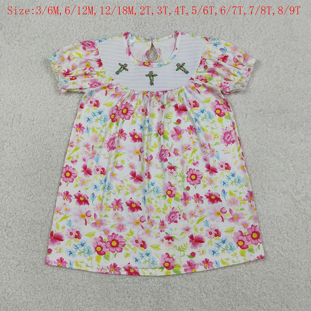 GSD3314 Pink Floral & Cross Embroidery Smocked Girls Easter Dress