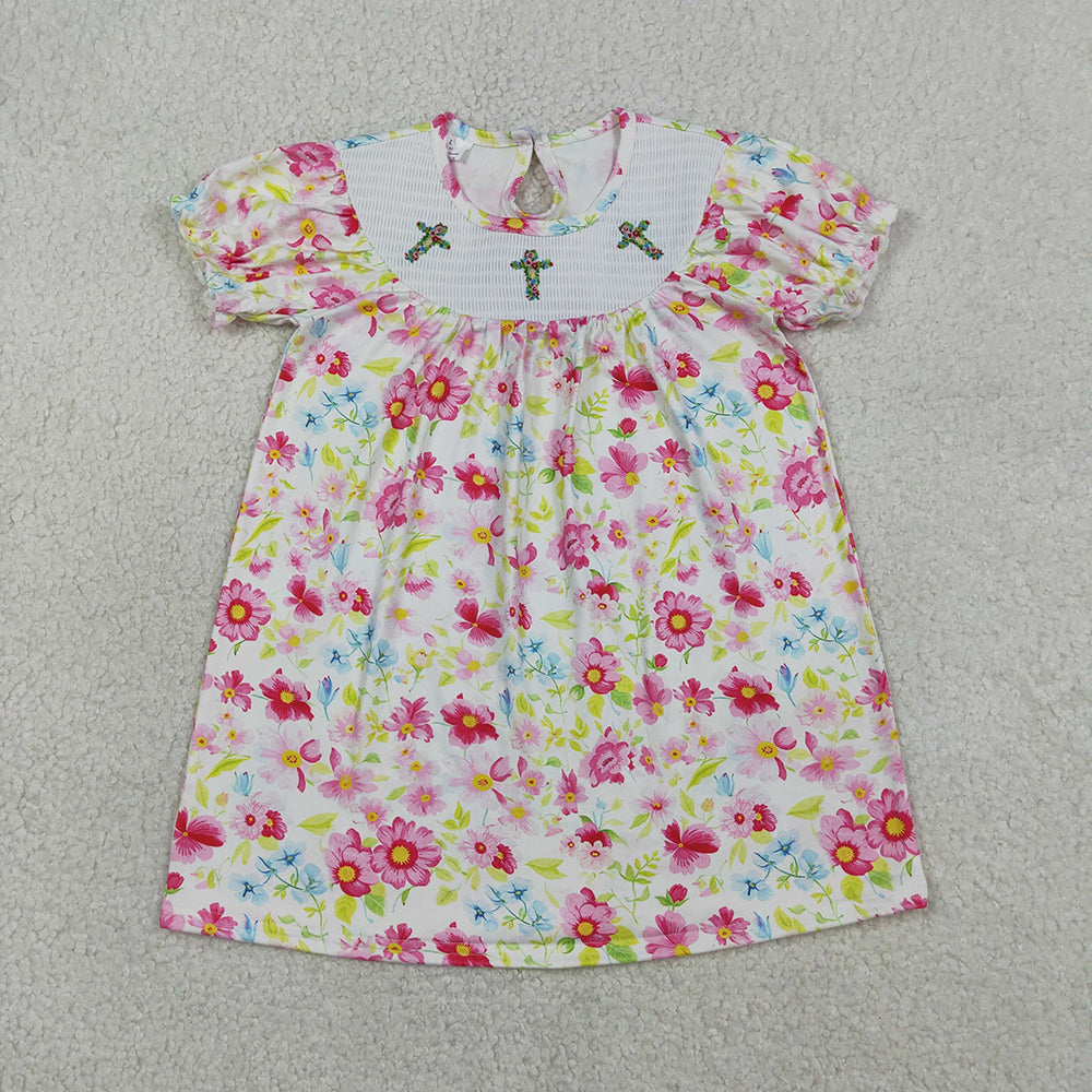 GSD3314 Pink Floral & Cross Embroidery Smocked Girls Easter Dress