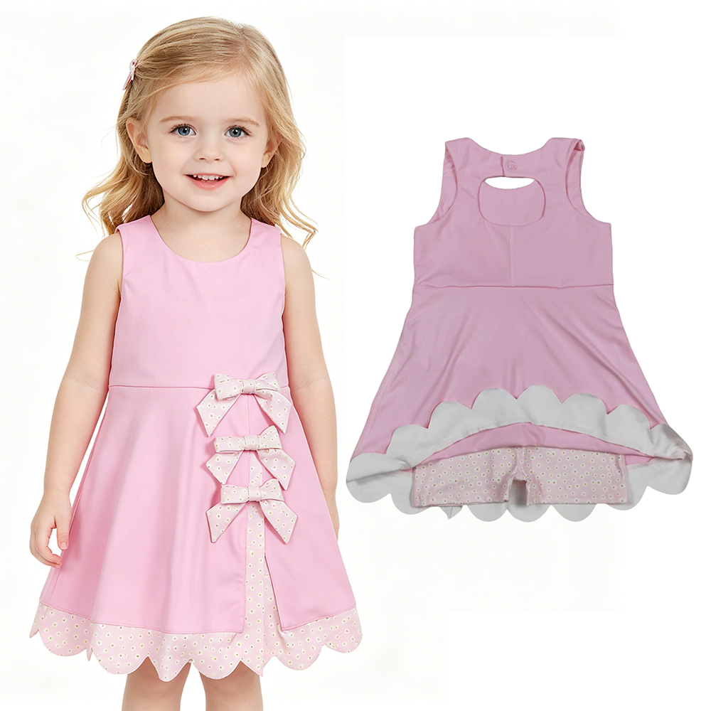 GSD3315 Baby Girls Pink Small Flowers Bows Sleeveless Yoga Scallop Knee Length Dresses