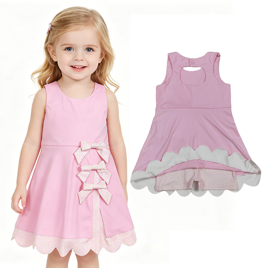 GSD3315 Baby Girls Pink Small Flowers Bows Sleeveless Yoga Scallop Knee Length Dresses