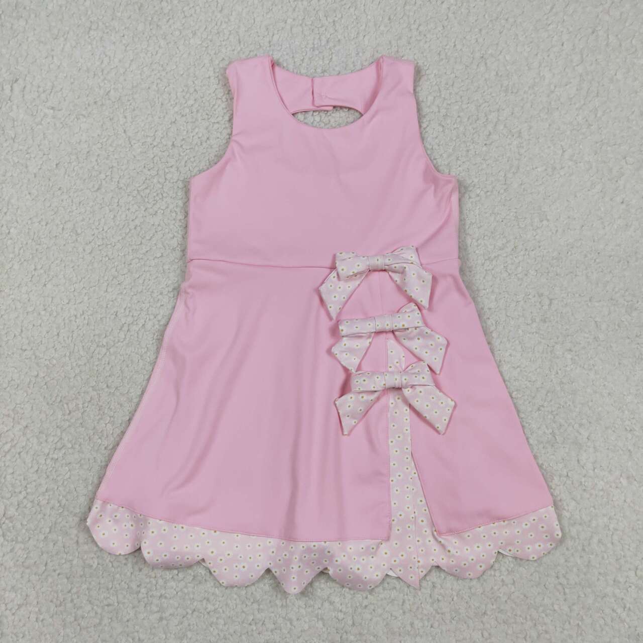 GSD3315 Baby Girls Pink Small Flowers Bows Sleeveless Yoga Scallop Knee Length Dresses