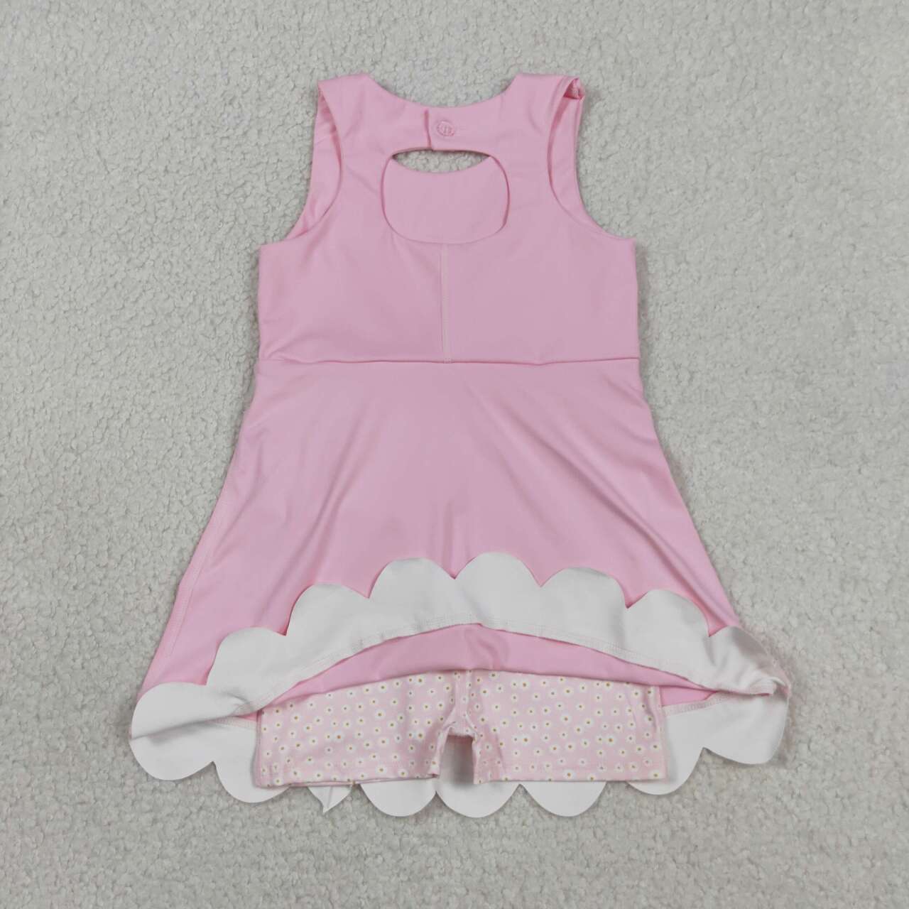GSD3315 Baby Girls Pink Small Flowers Bows Sleeveless Yoga Scallop Knee Length Dresses