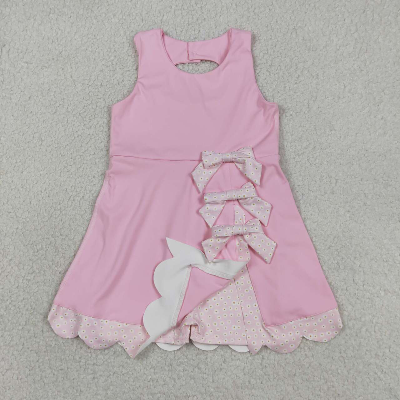 GSD3315 Baby Girls Pink Small Flowers Bows Sleeveless Yoga Scallop Knee Length Dresses