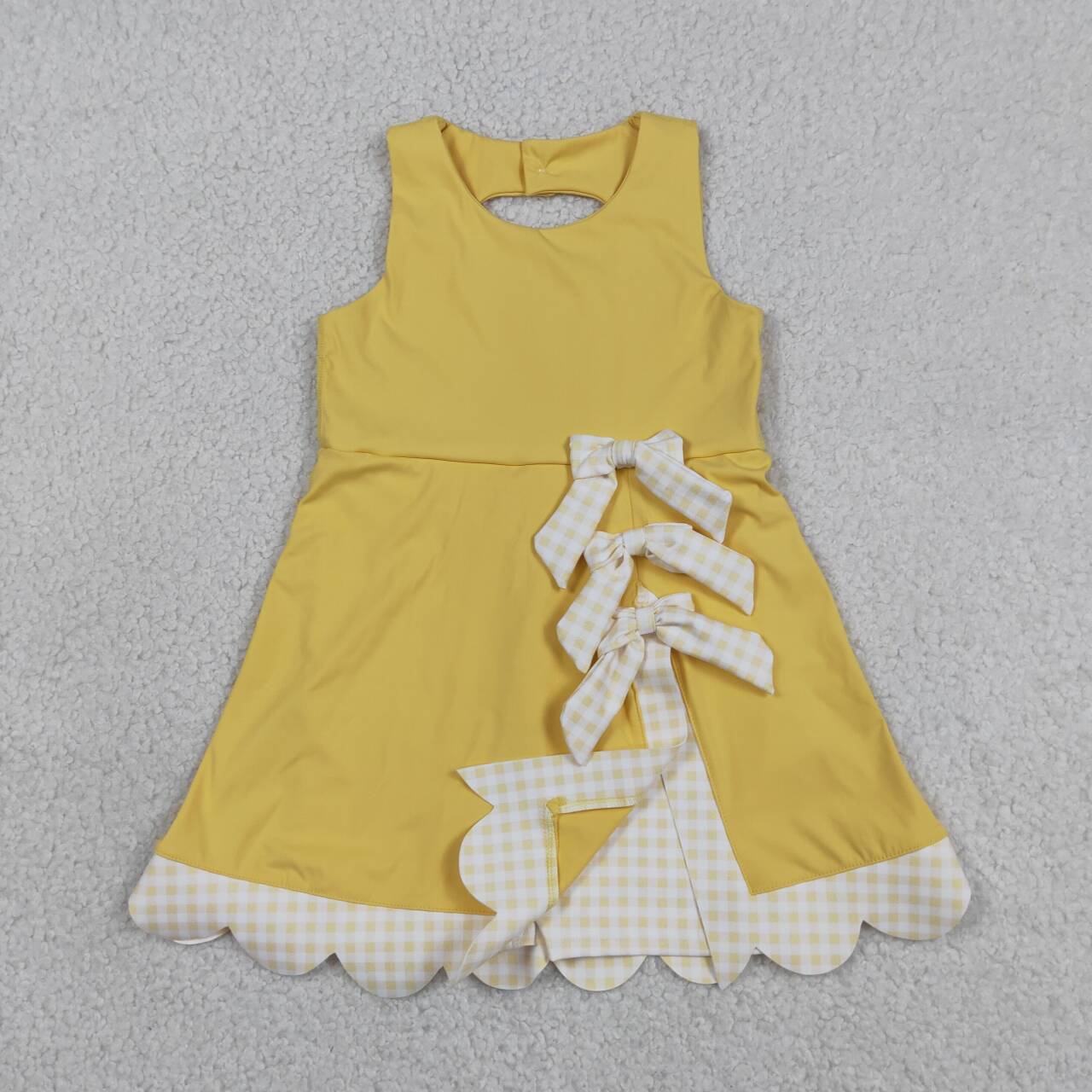 GSD3318 Yellow Plaid Bows Girls Summer Scallop Yoga Dress