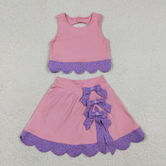 GSD3319 Pink Tank Top Bows Skort Purple Small Flowers Scallop Edge Girls Yoga Clothes Set