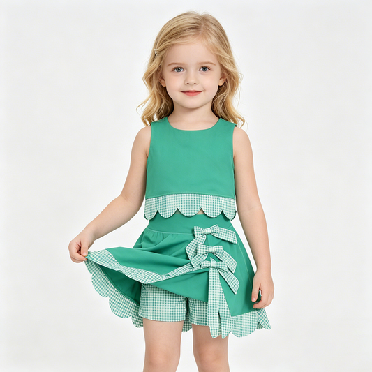GSD3320 Green Tank Top Bows Skort Baby Girls Yoga Scallop Clothes Set