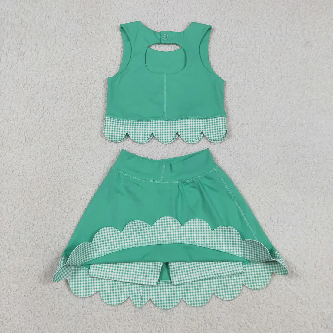Sibling Baby Girls Green Checked Scallop Yoga Active Skirt Short Dress Clothes Sets