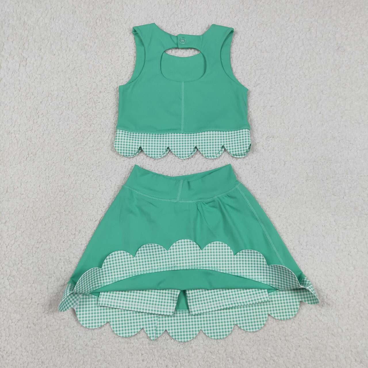 GSD3320 Green Tank Top Bows Skort Baby Girls Yoga Scallop Clothes Set