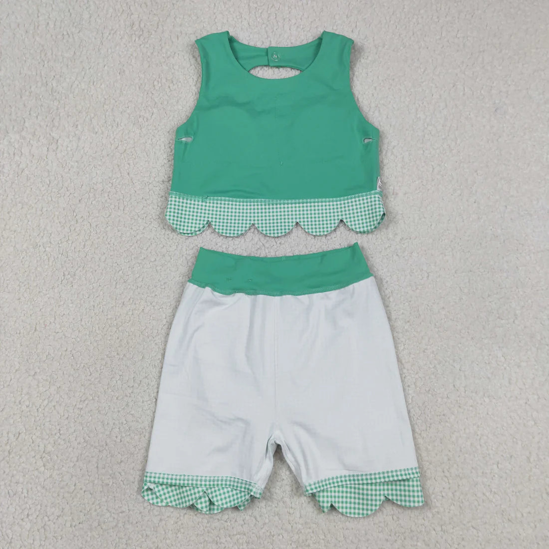 Sibling Baby Girls Green Checked Scallop Yoga Active Skirt Short Dress Clothes Sets