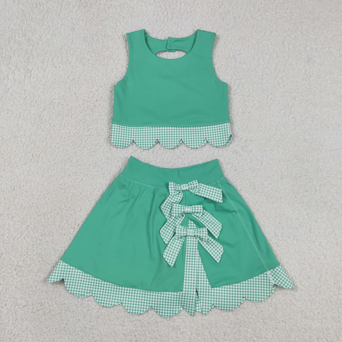 GSD3320 Green Tank Top Bows Skort Baby Girls Yoga Scallop Clothes Set