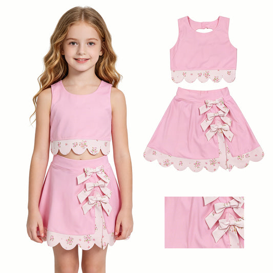 Pink Tank Top Bows Skort Girls Scallop Yoga Clothes Set