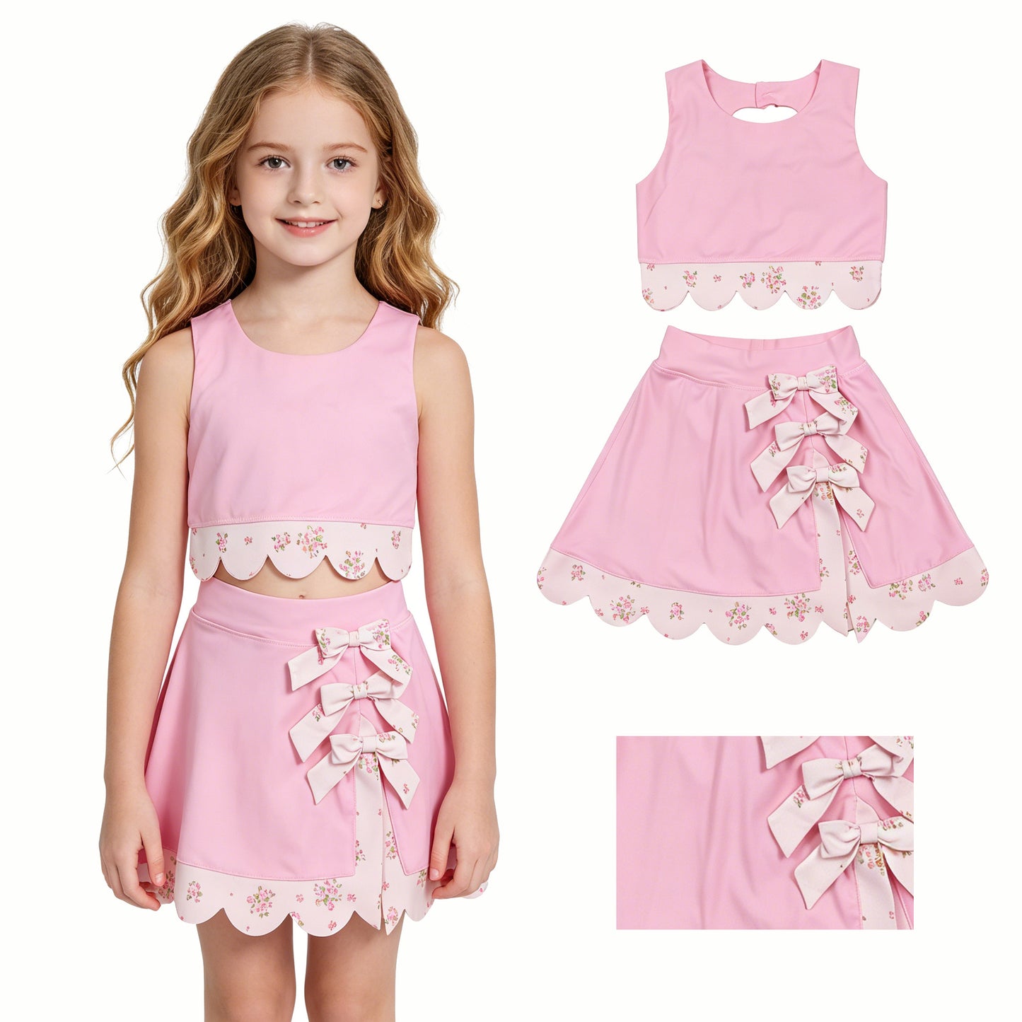 6 Colors Tank Top Bows Skort Baby Girls Yoga Scallop Clothes Set Sisters Wear