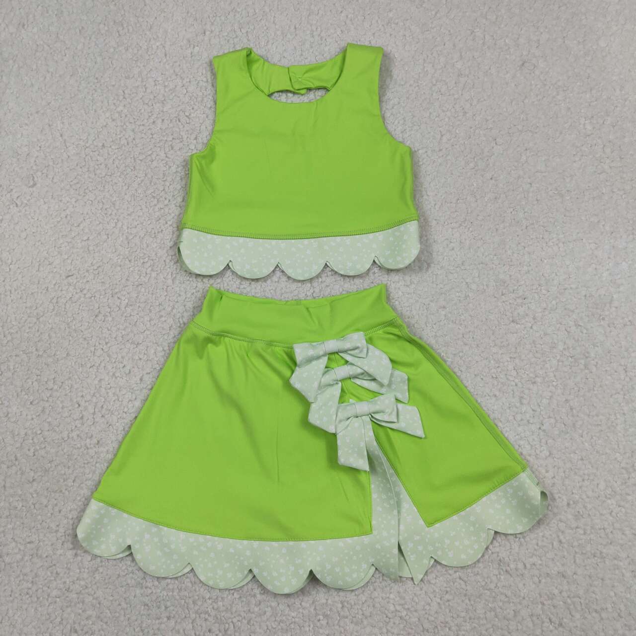 GSD3322 Lime Tank Top Bows Skort Girls Scallop Yoga Clothes Set