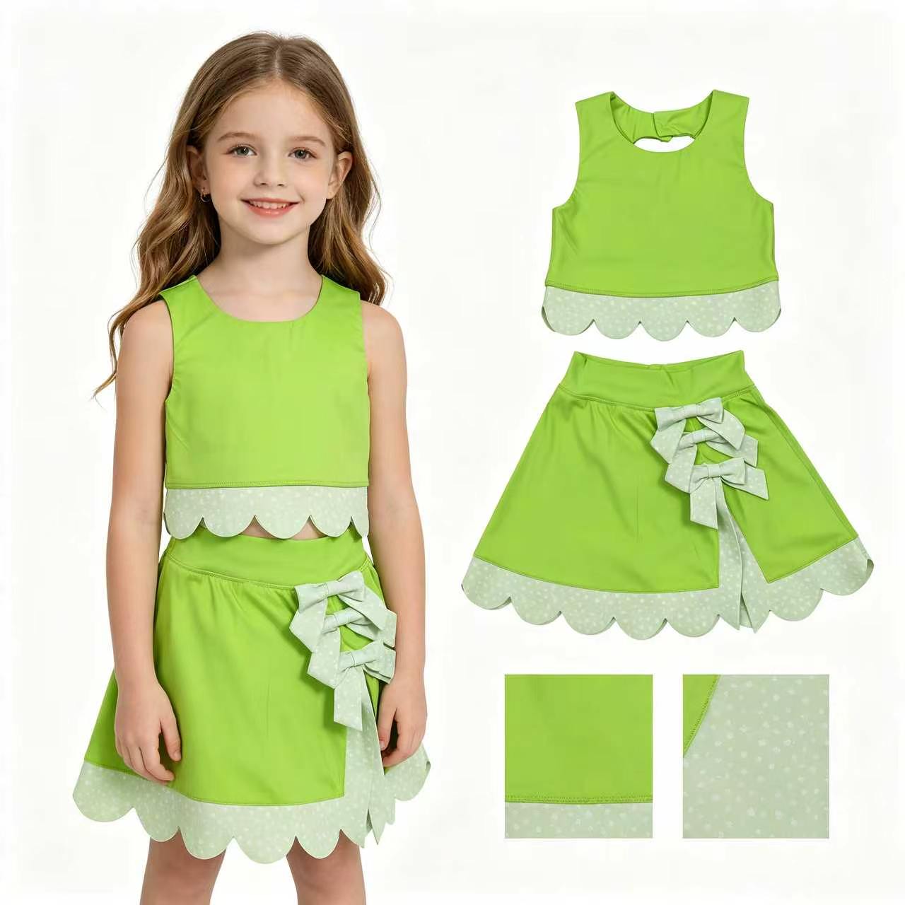 6 Colors Tank Top Bows Skort Baby Girls Yoga Scallop Clothes Set Sisters Wear