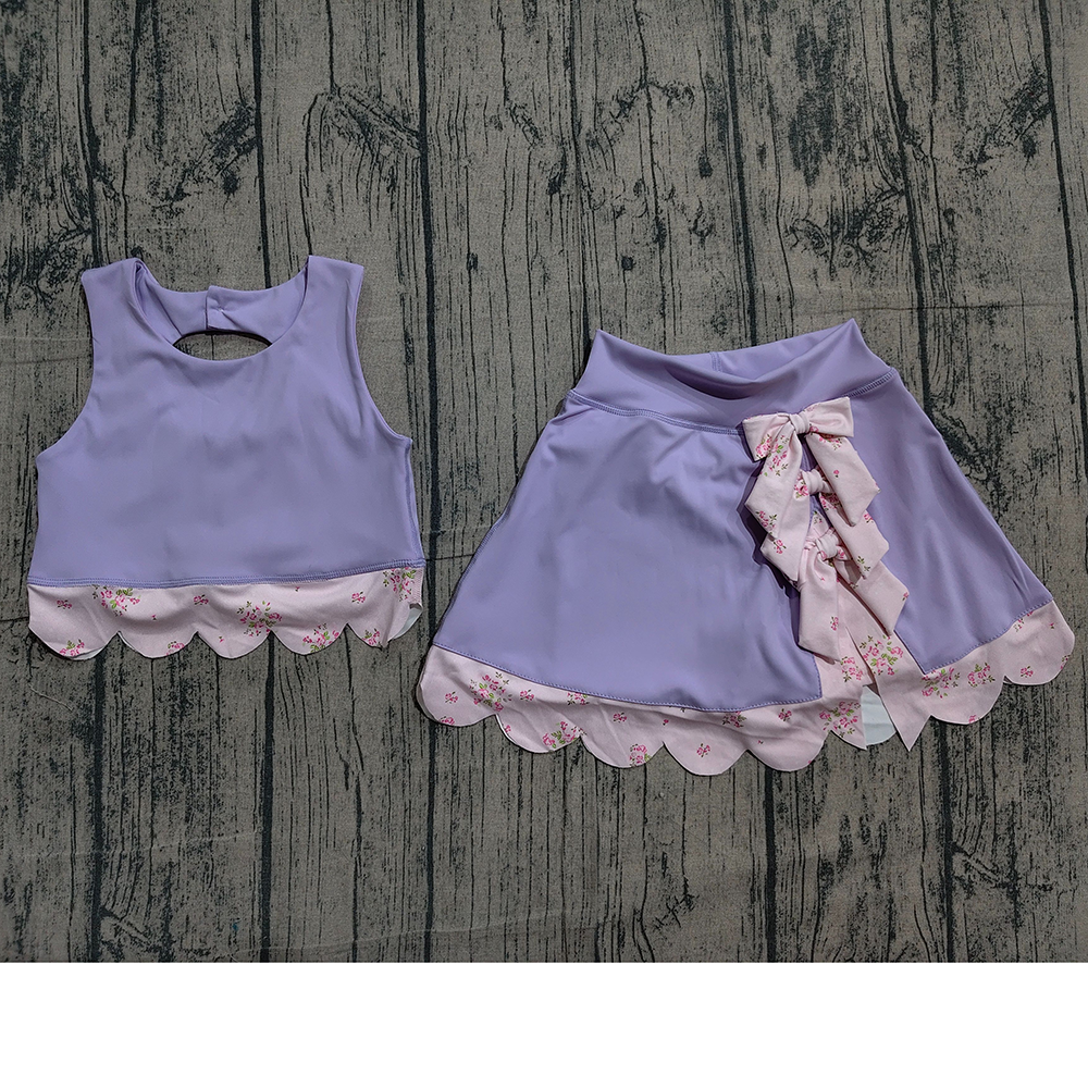 6 Colors Tank Top Bows Skort Baby Girls Yoga Scallop Clothes Set Sisters Wear
