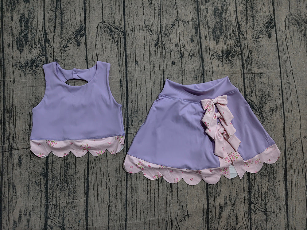 Preorder GSD3323 Purple Tank Top Bows Skirts Shorts Girls Scallop Yoga Clothes Set