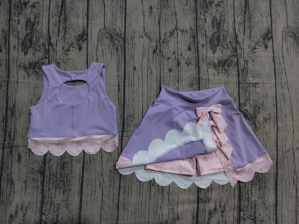 Preorder GSD3323 Purple Tank Top Bows Skirts Shorts Girls Scallop Yoga Clothes Set