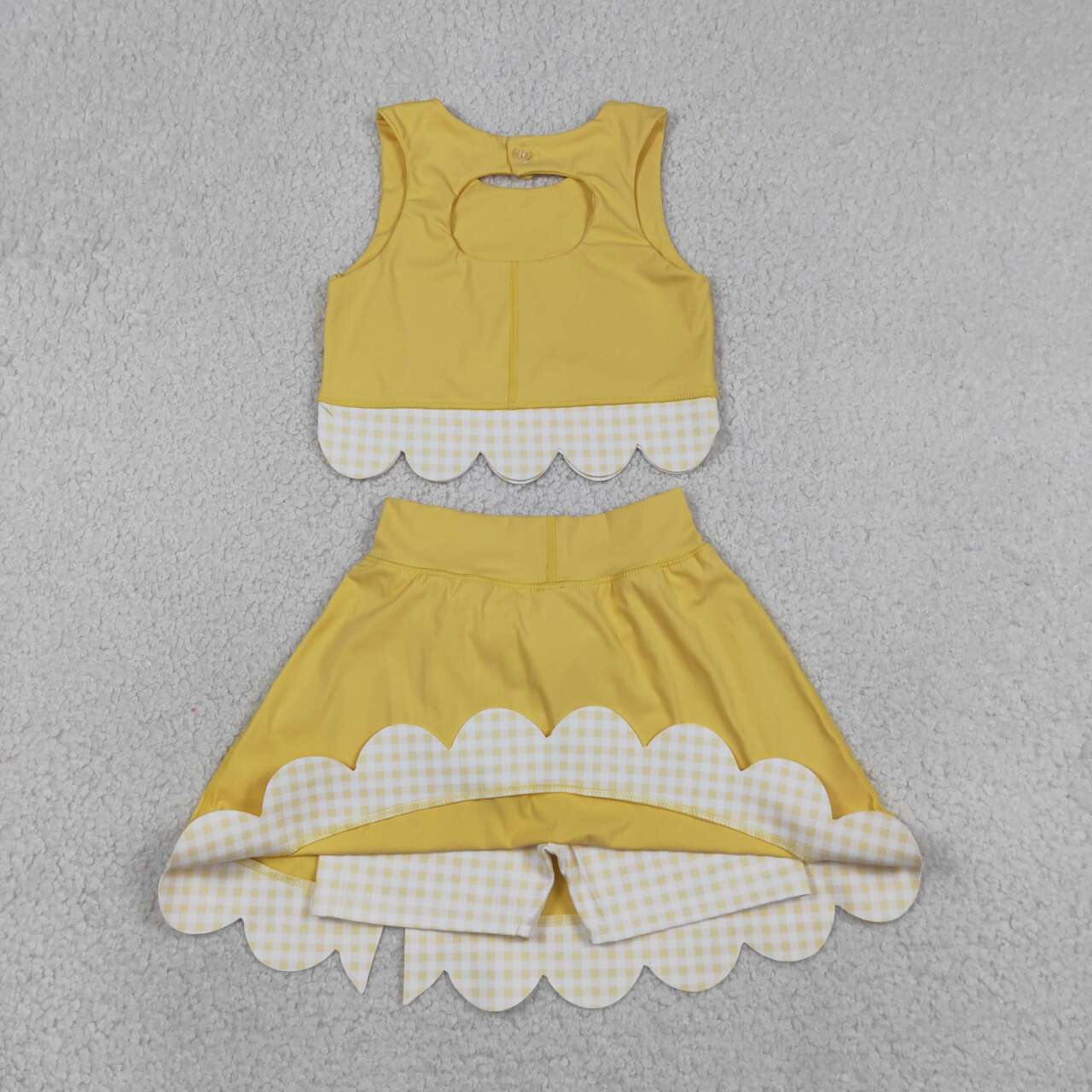 GSD3324 Yellow Tank Top Bows Skort Girls Scallop Yoga Clothes Set