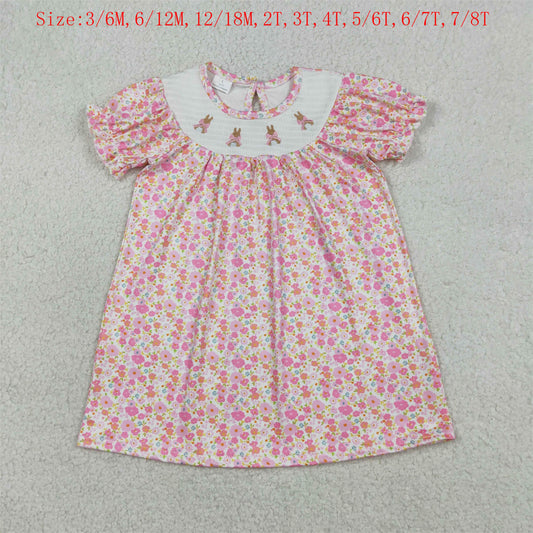 GSD3406 Bunny Embroidery Pink Small Flowers Print Girls Easter Knee Length Smocked Dress