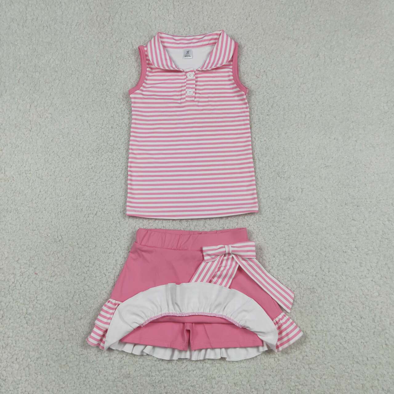 GSD3408 Stripes Button Polo Top Ruffle Skort Girls Summer Yoga Clothes Set
