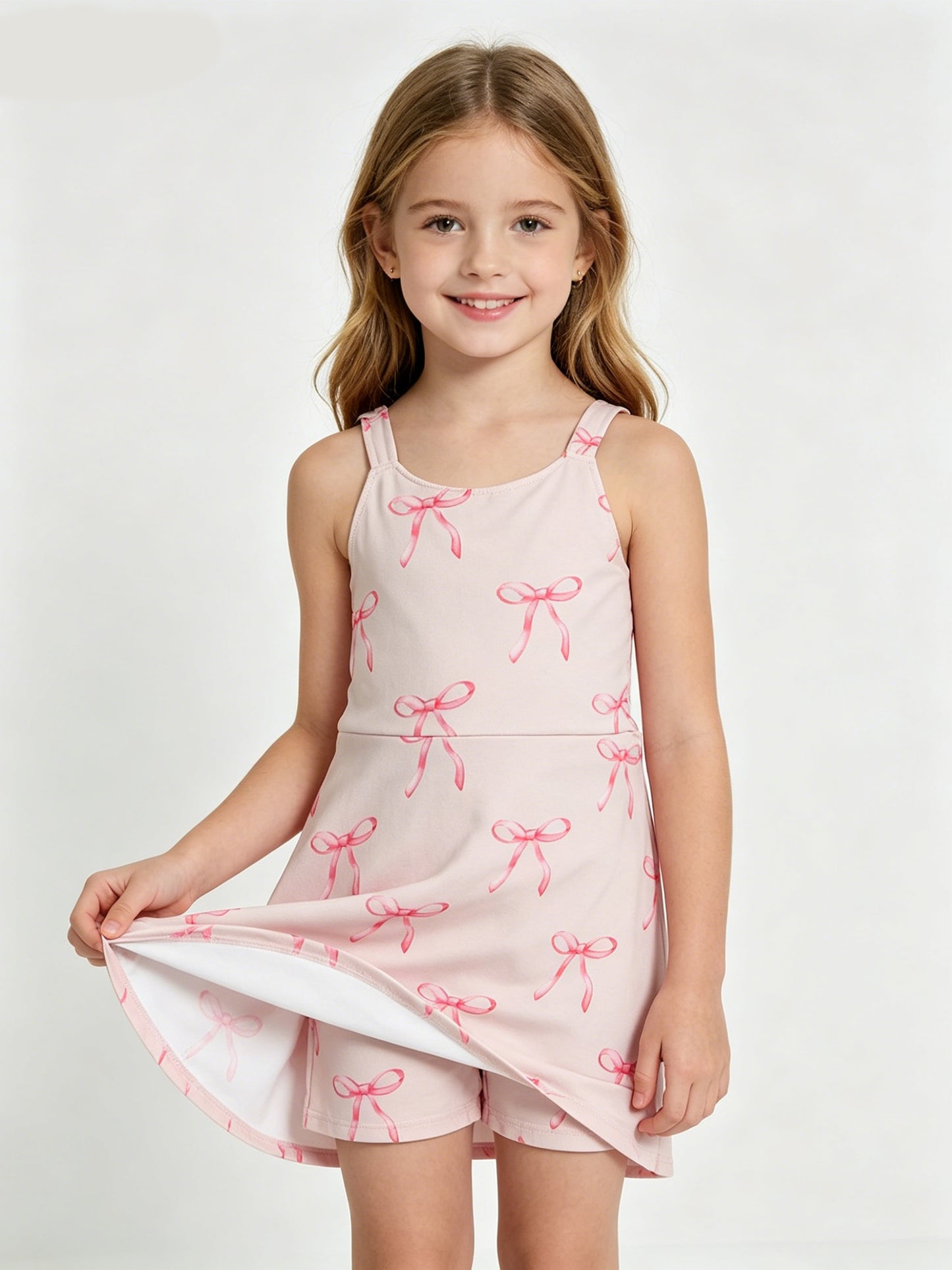 Pink Bows Print Girls Summer Strap Yoga Dress