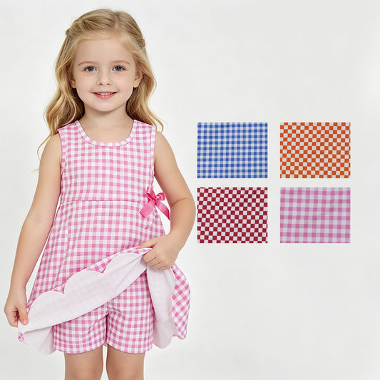4 Colors Plaid Print Baby Girls Sleeveless Scallop Edge Shorts Yoga Dress Sisters Wear