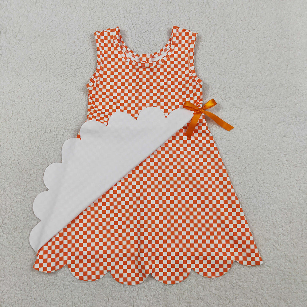 GSD3428 Girls’ Orange Plaid Bow Scallop Sleeveless Yoga Dress