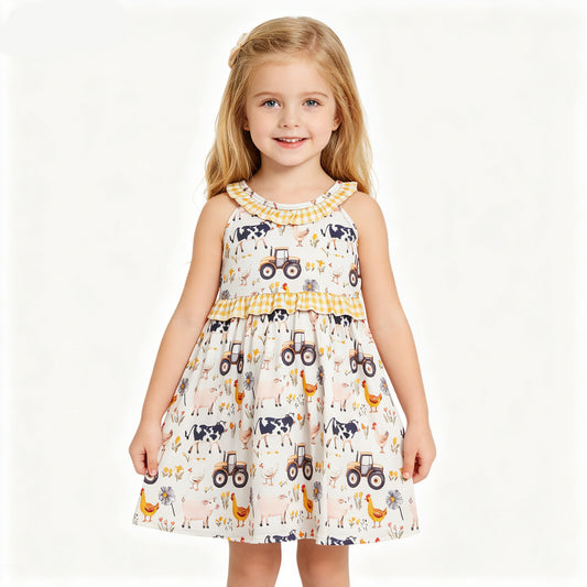 Farm Animals Tractor Print Girls Sleeveless Summer Knee Length Dress