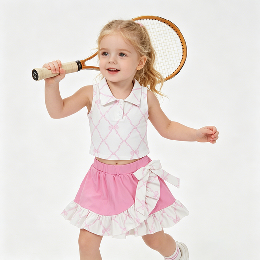 GSD3479 Bows Sleeveless Crop Top Pink Ruffle Shorts Skirts Yoga Sets Baby Girls Active Wear