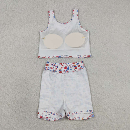 GSD3498 Stars Bows Tank Top Skirts Shorts Girls 4th of July Yoga Clothes Set