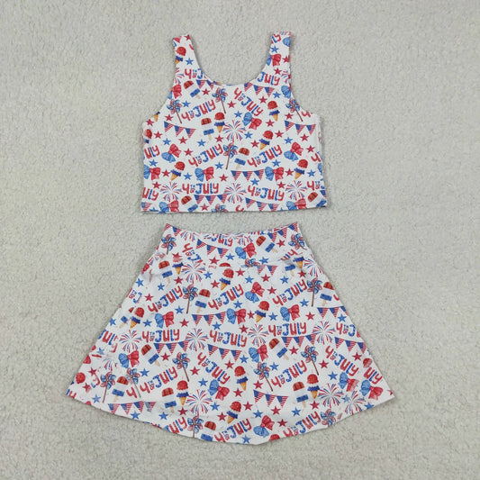 Sibling Baby Girls Flags Bows Vest Top Skirt Shorts 4th of July Yoga Active Clothes Sets