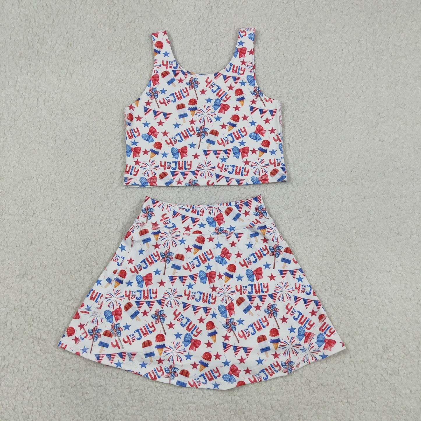GSD3498 Stars Bows Tank Top Skirts Shorts Girls 4th of July Yoga Clothes Set
