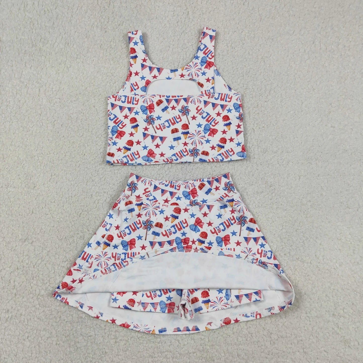 Sibling Baby Girls Flags Bows Vest Top Skirt Shorts 4th of July Yoga Active Clothes Sets