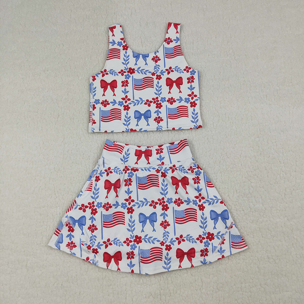 Flag Flowers Bows Print Girls 4th of July Clothes Sibling Matching Styles
