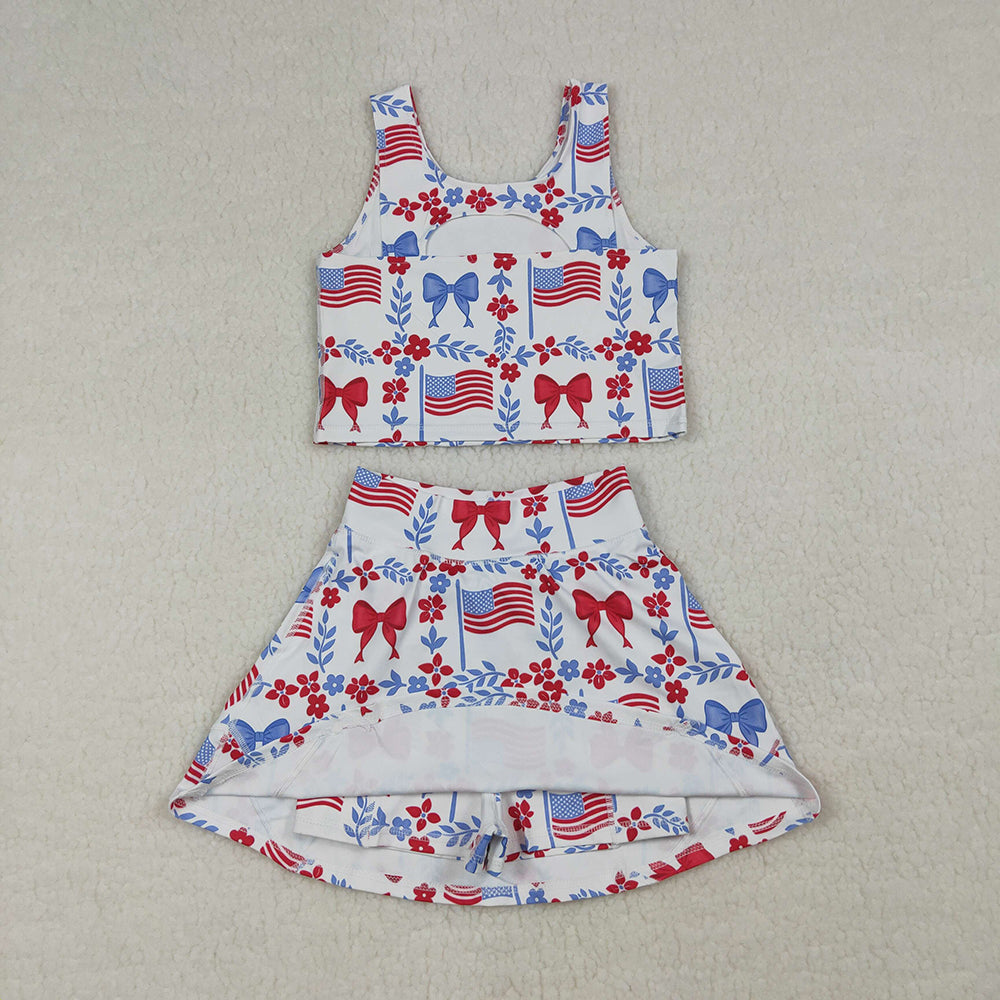 Flag Flowers Bows Print Girls 4th of July Clothes Sibling Matching Styles