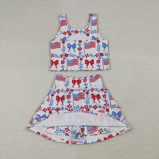 GSD3499 Flag Flowers Bows Print Tank Top Skirts Shorts Girls 4th of July Yoga Clothes Set
