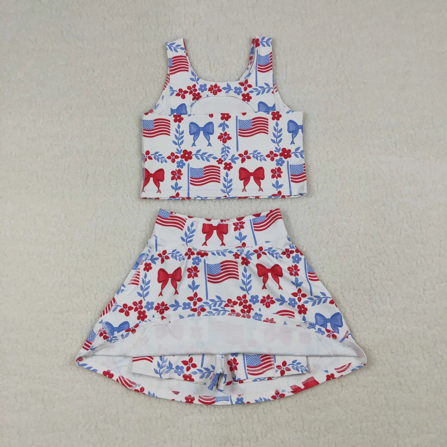 Sibling Baby Girls Flags Bows Vest Top Skirt Shorts 4th of July Yoga Active Clothes Sets