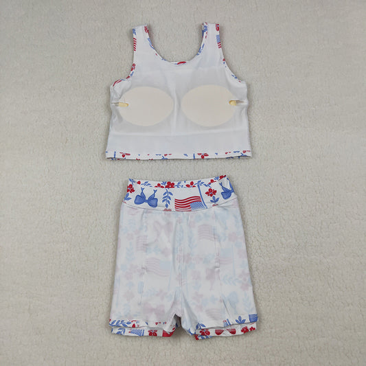 Flag Flowers Bows Print Girls 4th of July Clothes Sibling Matching Styles