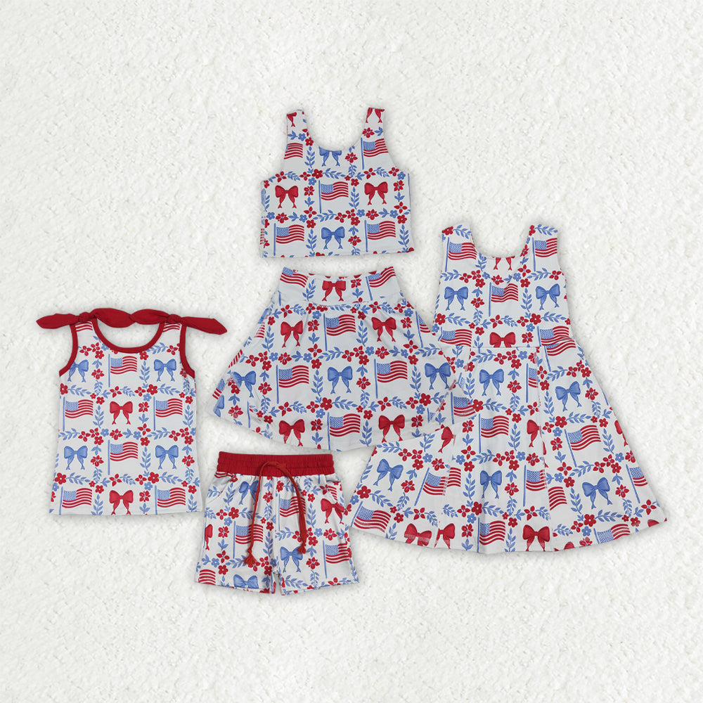 Flag Flowers Bows Print Girls 4th of July Clothes Sibling Matching Styles