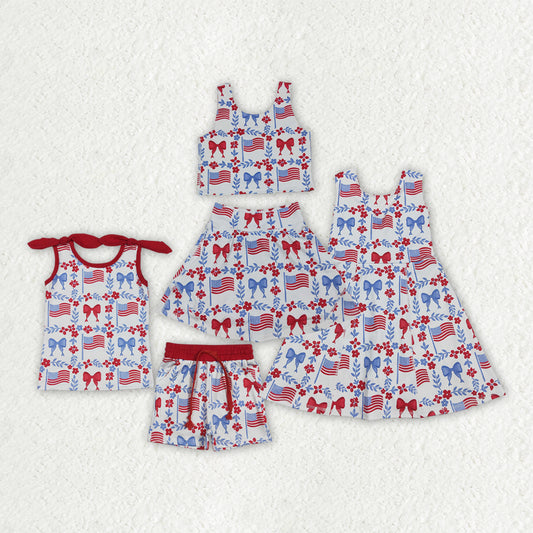 Flag Flowers Bows Print Girls 4th of July Clothes Sibling Matching Styles