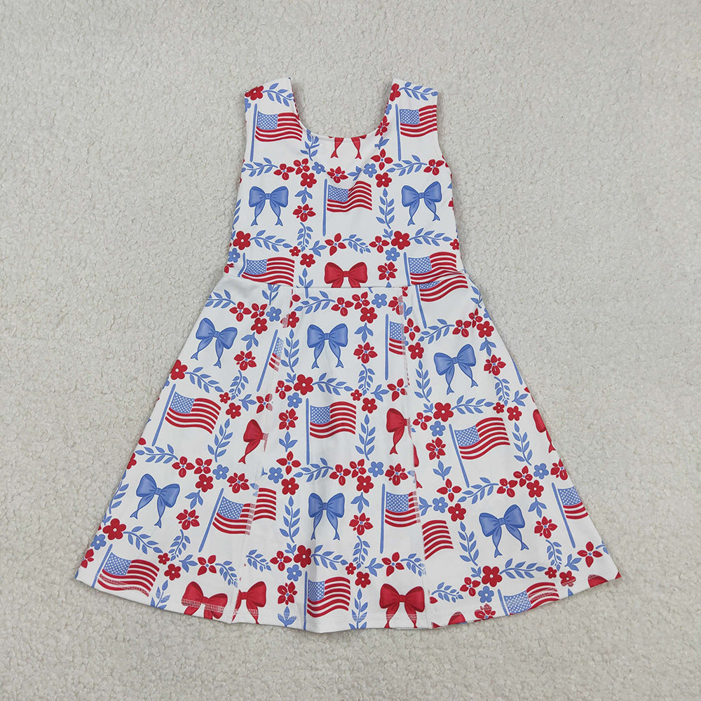 Flag Flowers Bows Print Girls 4th of July Clothes Sibling Matching Styles