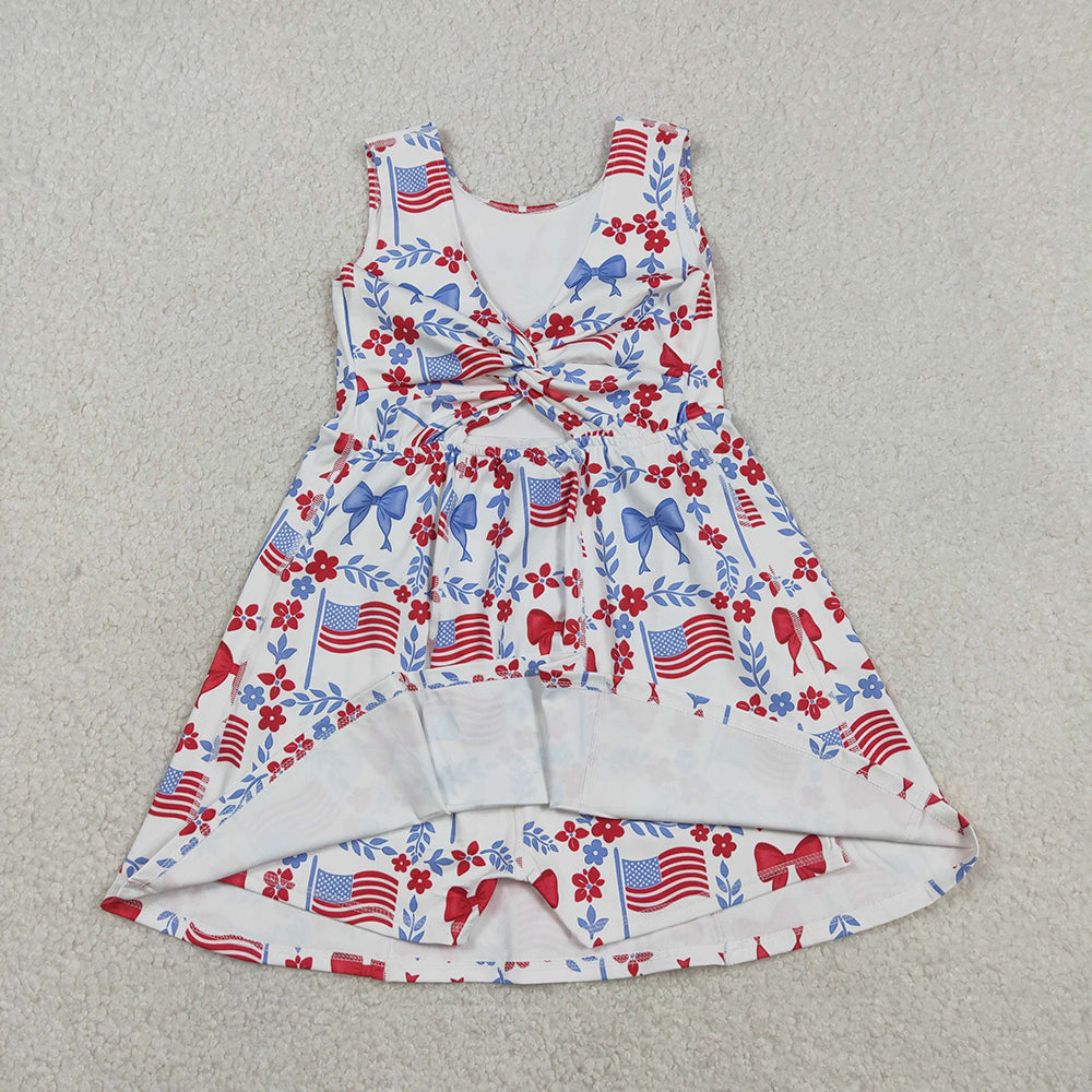 Flag Flowers Bows Print Girls 4th of July Clothes Sibling Matching Styles