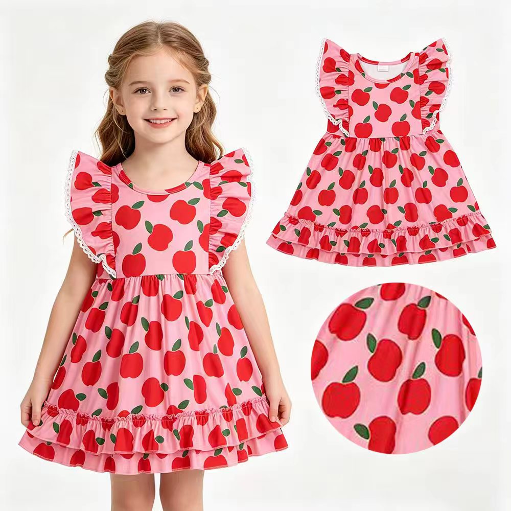 GSD3510 Apple Flutter Sleeve Ruffles Girls Back to School Dress