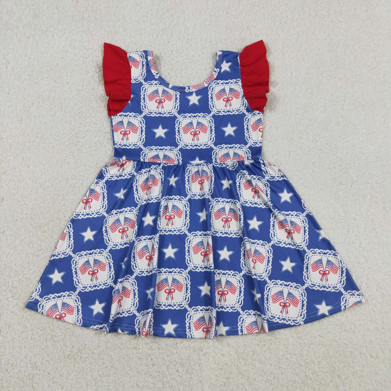 Flag & Star Bow Blue Print Baby Girls 4th of July Strap Jumpsuits Dress Sisters Wear
